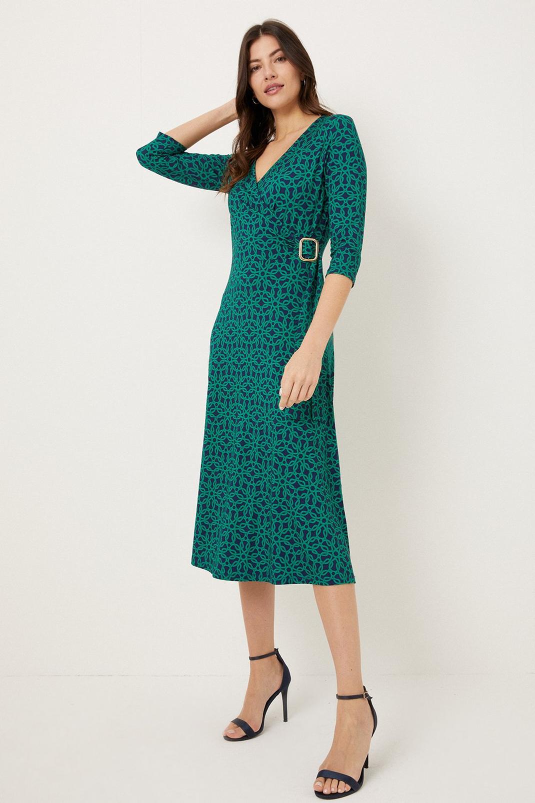 Green Geo Jersey Buckle Wrap Dress image number 1
