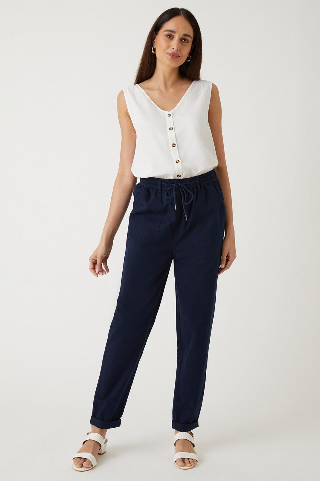 Navy Elasticated Waist Tapered Trousers image number 1
