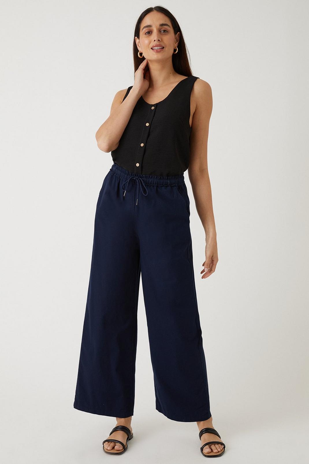 Navy Elasticated Waist Wide Leg Trousers image number 1