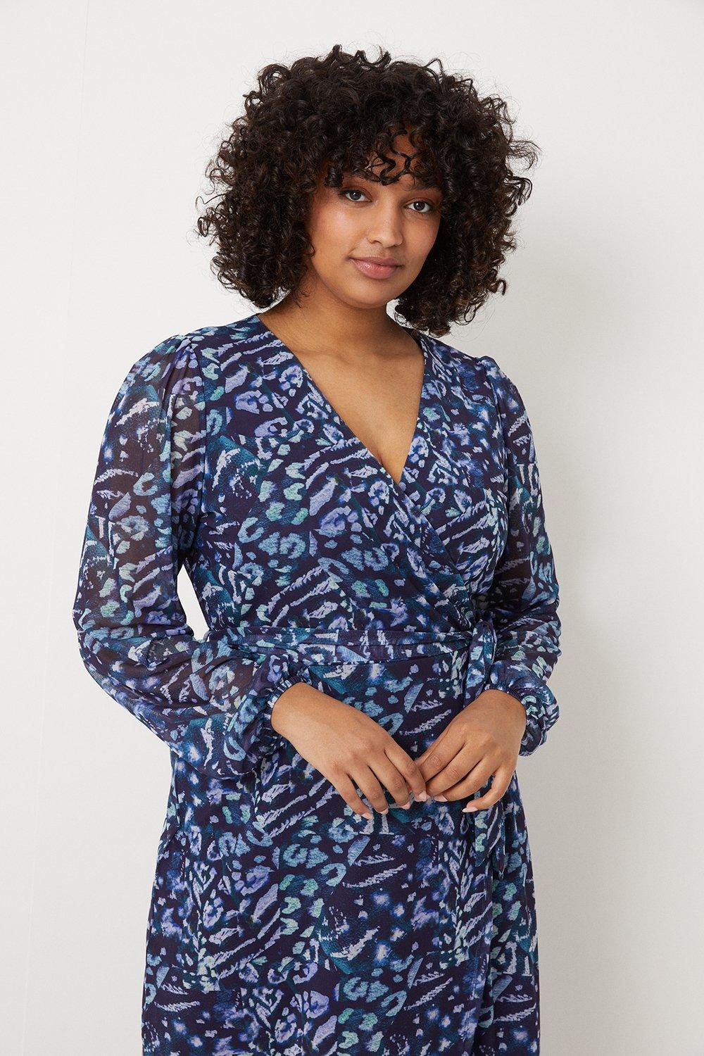 Curve Blue Animal Mesh Wrap Midi Dress | Wallis UK