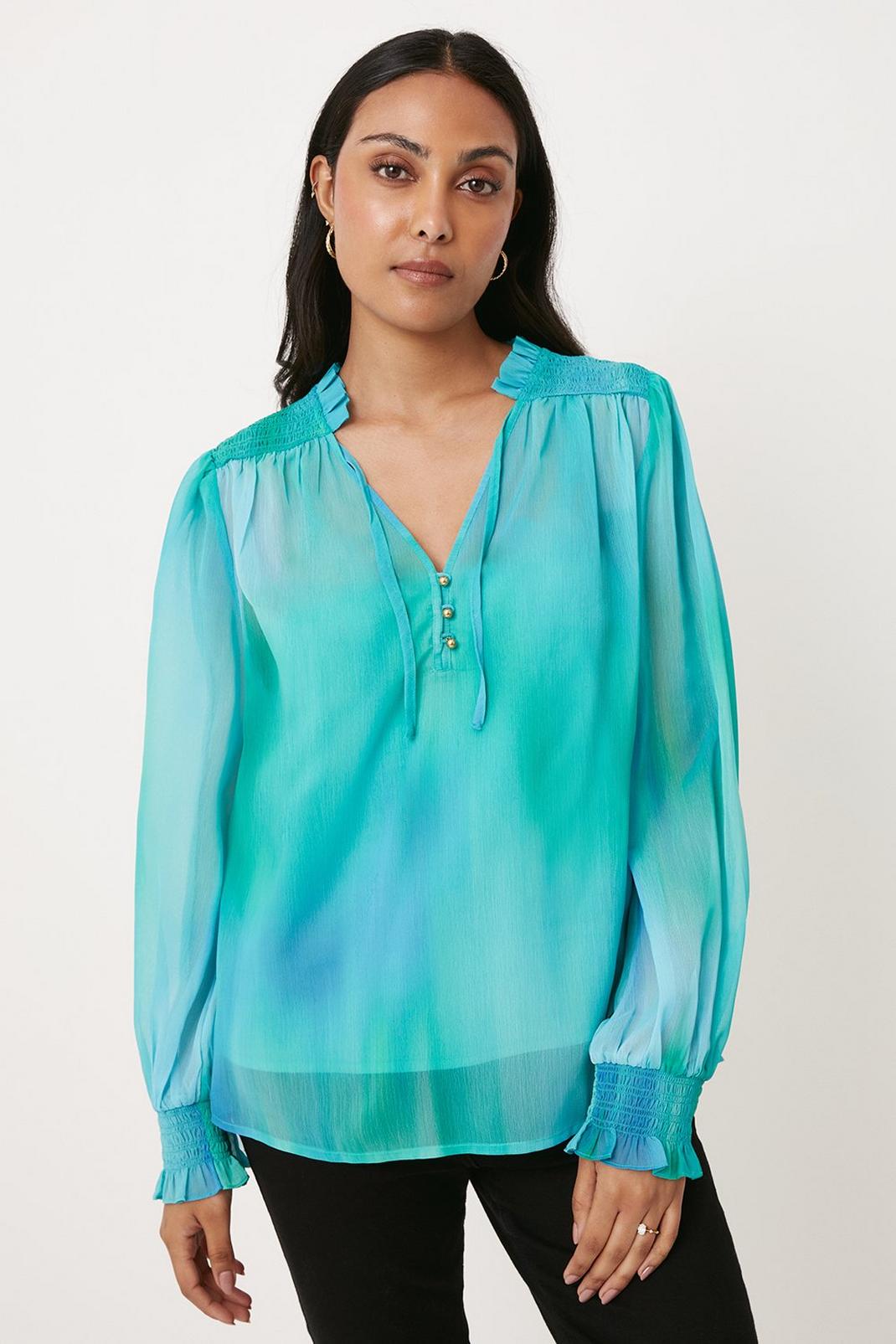 Petite Green Ombre Tie Neck Blouse image number 1