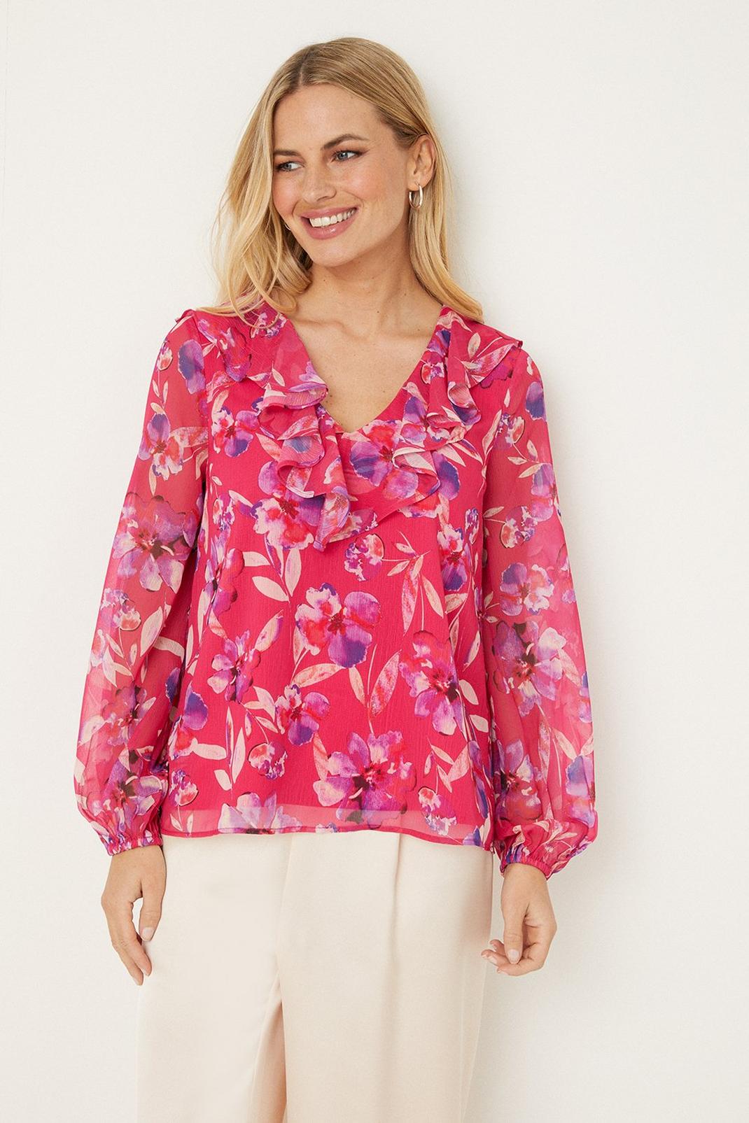 Petite Pink Watercolour Floral Ruffle Blouse image number 1