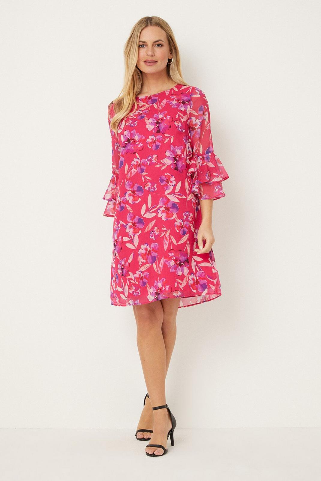 Petite Pink Watercolour Floral Ruffle Sleeve Shift Dress image number 1