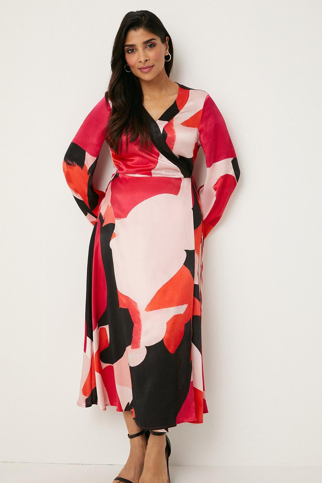 Pink Petite Abstract Satin Wrap Midi Dress image number 1