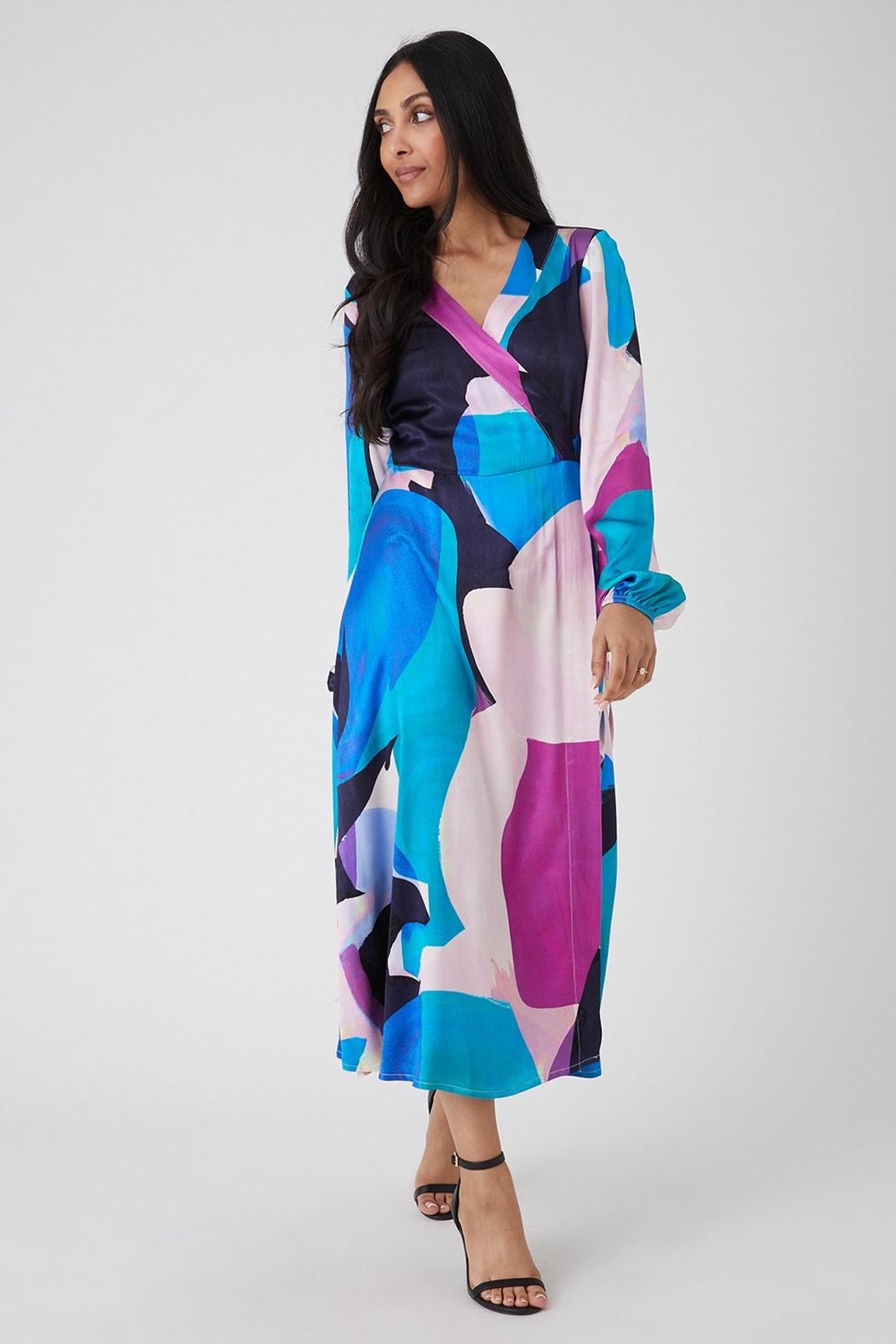 Teal Petite Abstract Satin Wrap Midi Dress image number 1