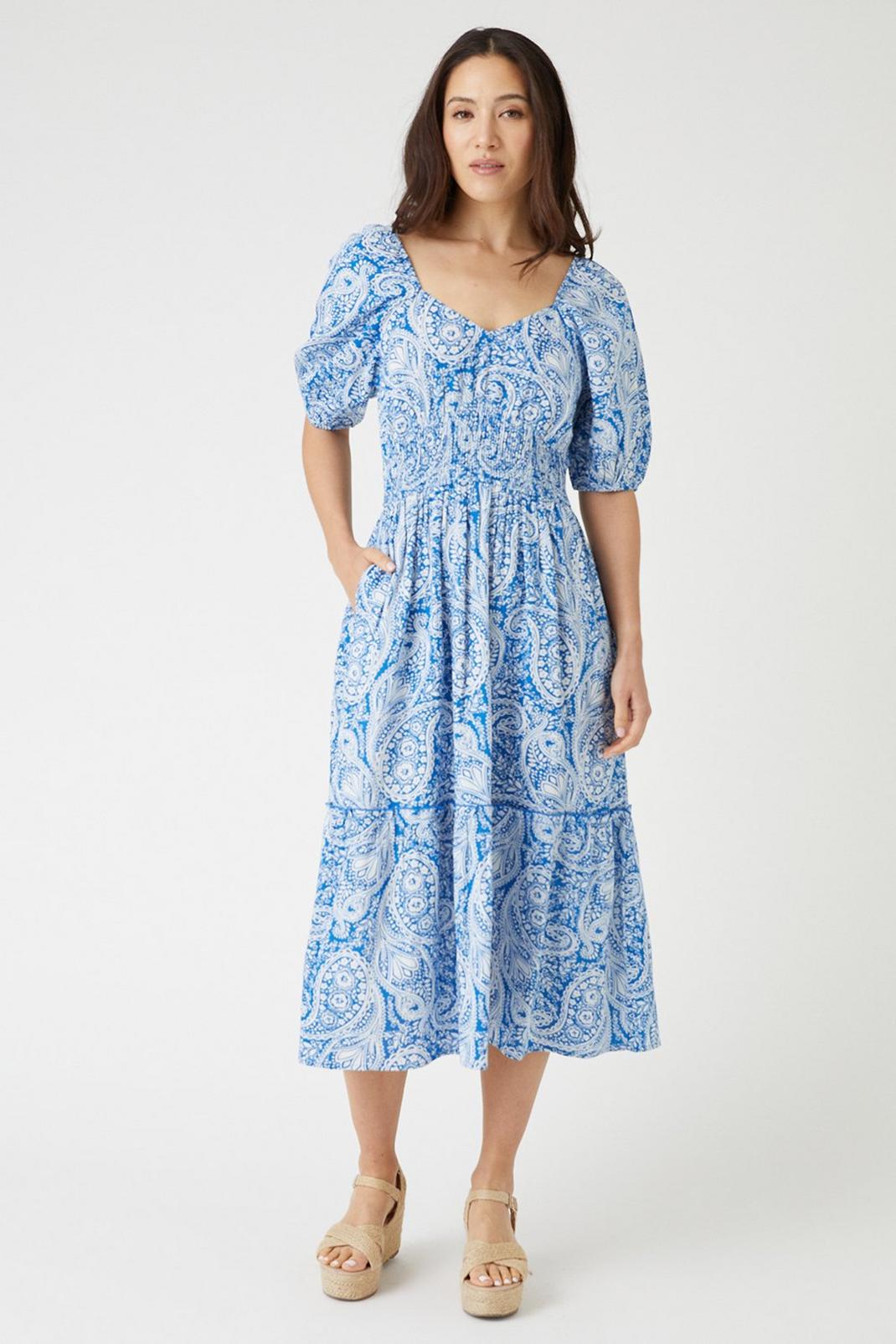 Blue Paisley Print Linen Look Puff Sleeve Midi Dress image number 1