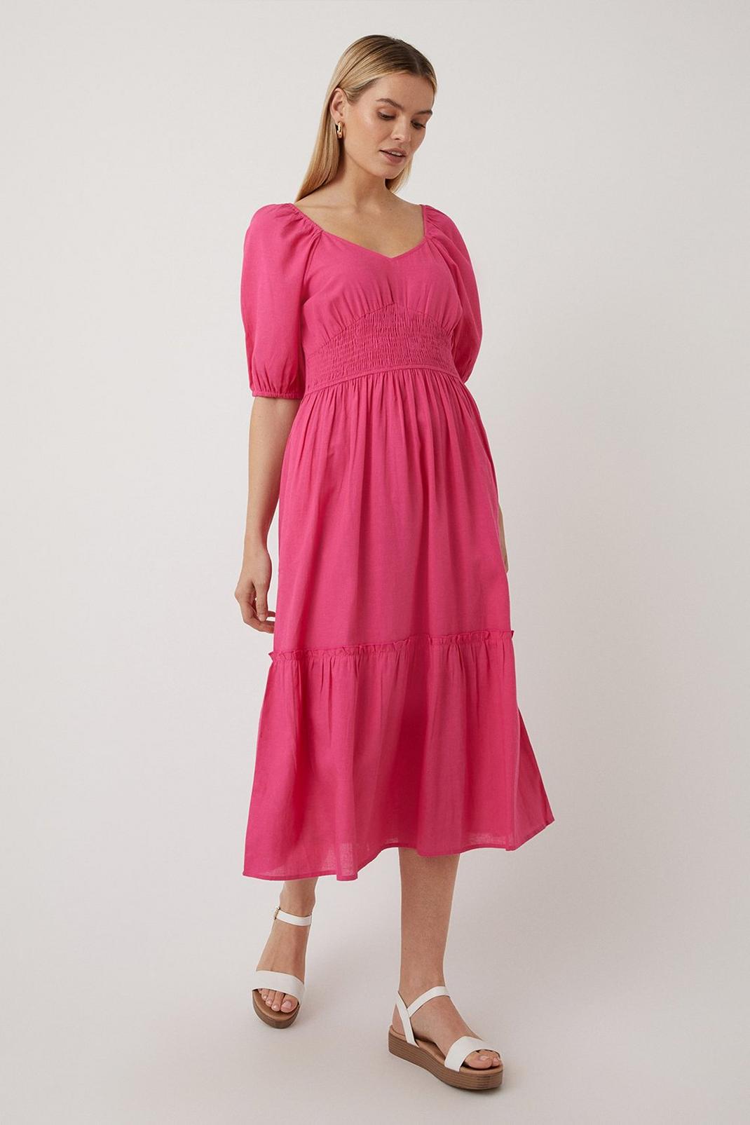 Pink  Linen Look Puff Sleeve Midi Dress image number 1