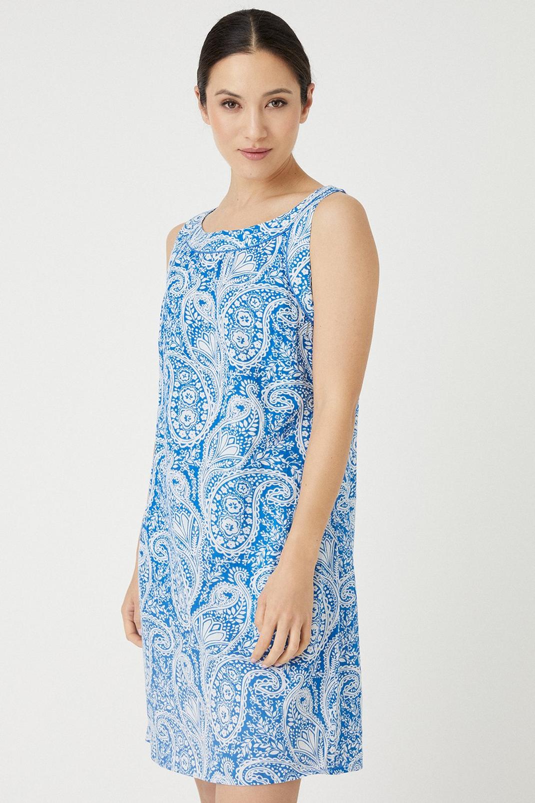 Blue Paisley Print Linen Look Shift Dress image number 1
