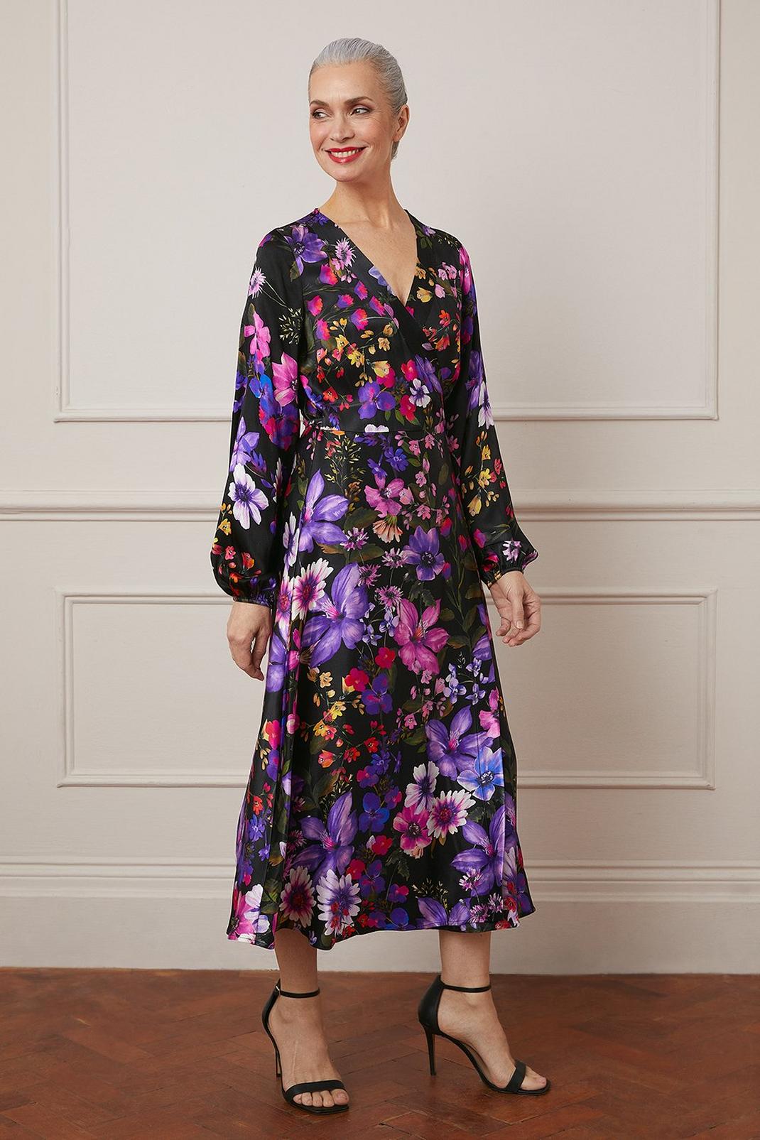 Purple Floral Print Viscose Satin Wrap Midi Dress image number 1