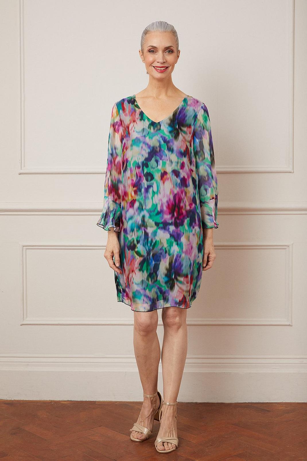 Multi Silk Mix Abstract Floral Flute Sleeve Shift Dress image number 1
