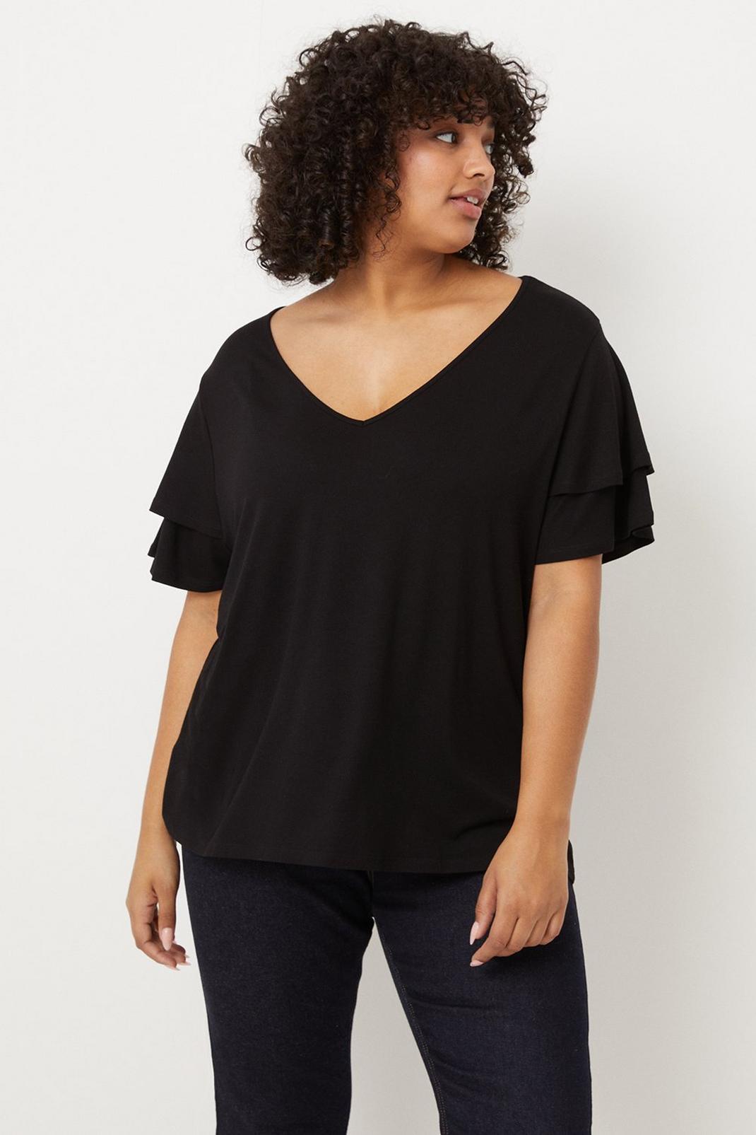 Curve Black Double Ruffle Sleeve Jersey Tee image number 1