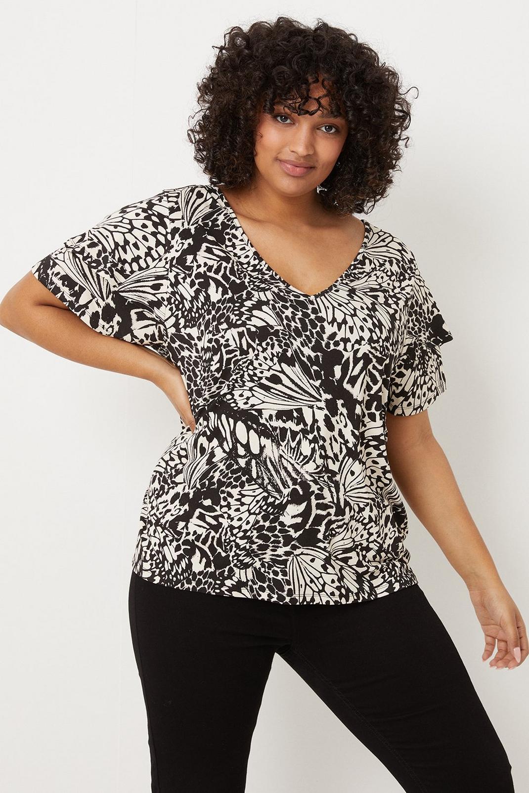 Mono Curve Butterfly Print Ruffle Sleeve Tee image number 1