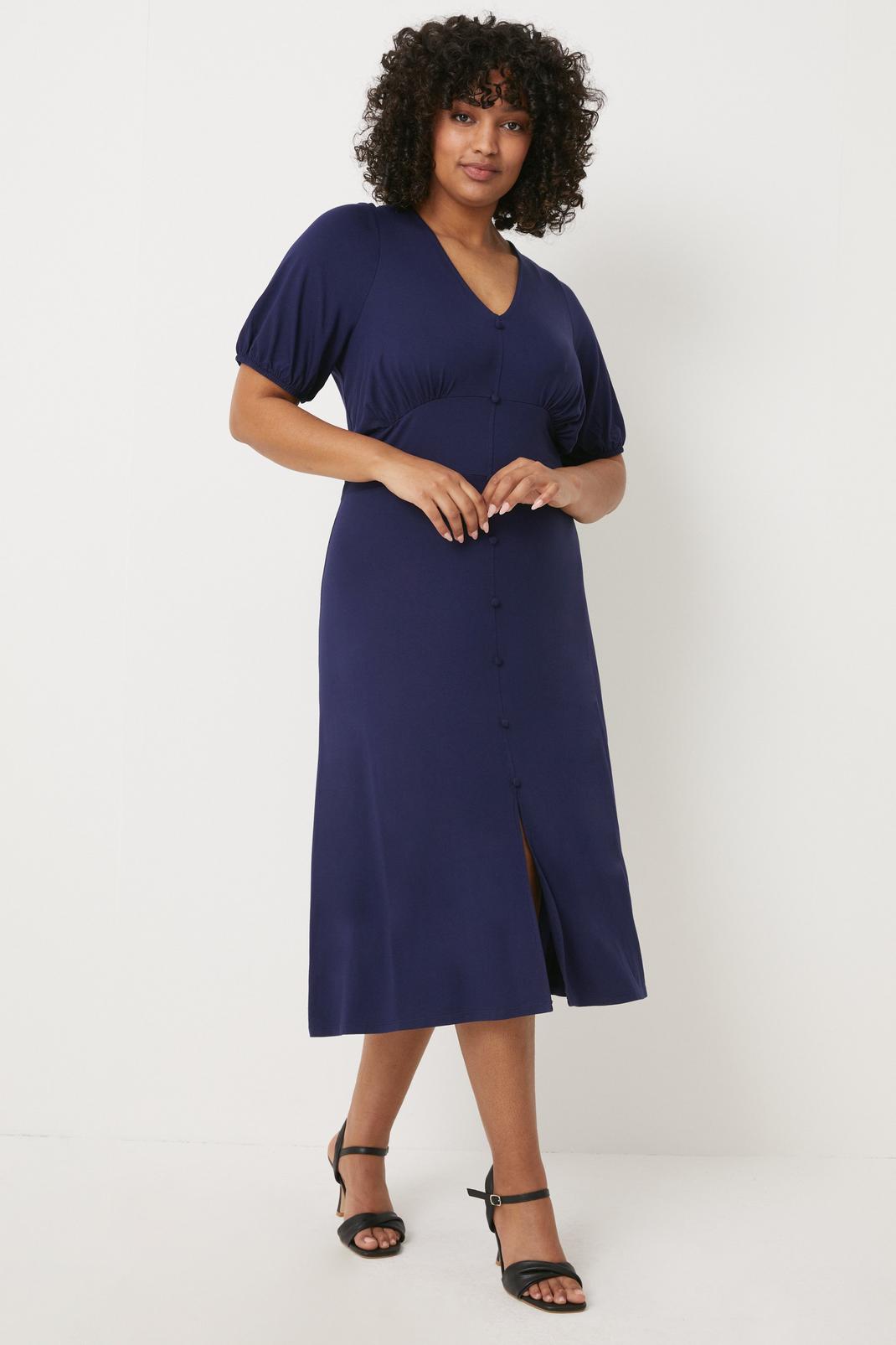 Curve Navy Button Detail Jersey Midi Dress image number 1