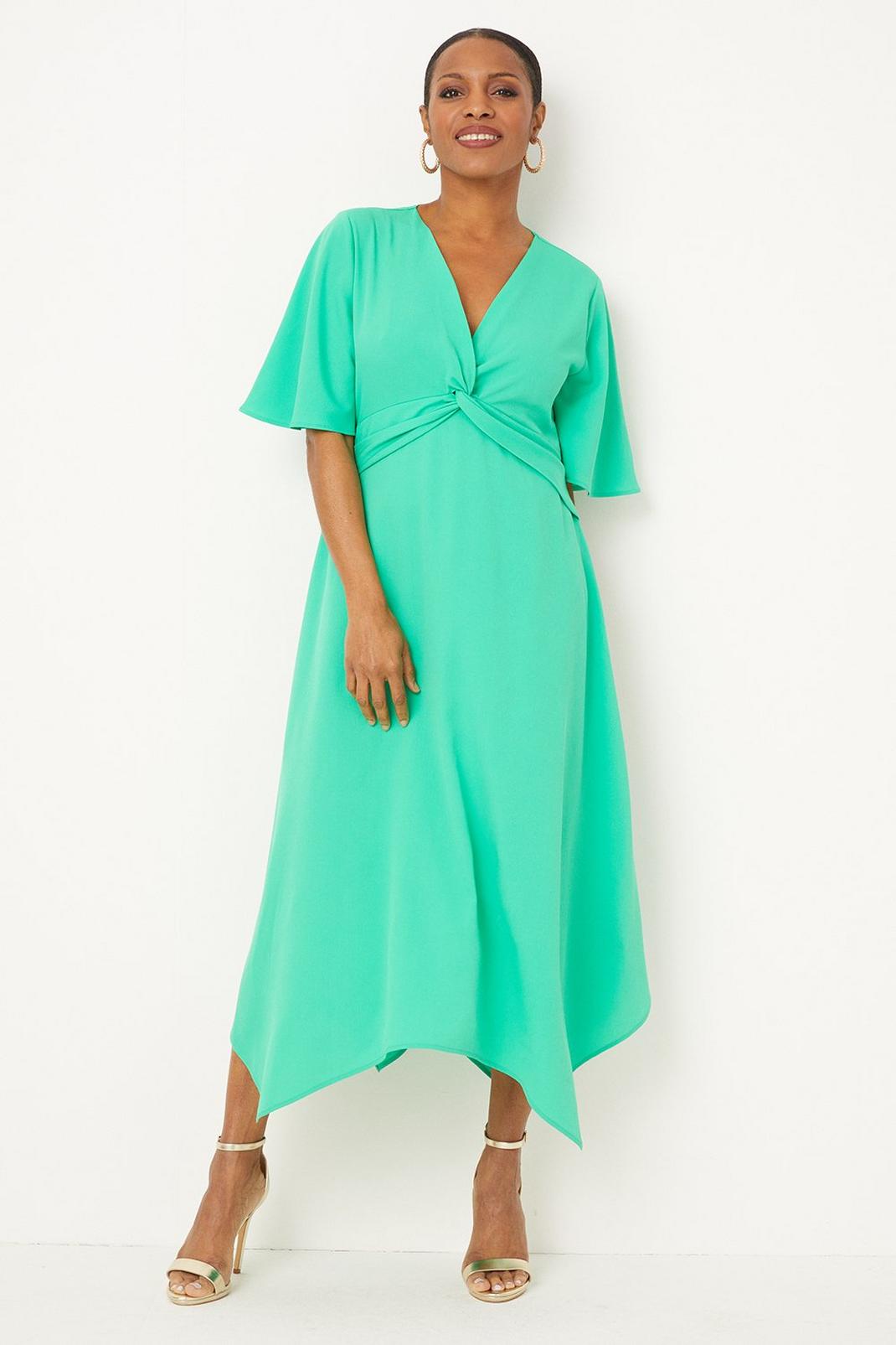 Green Plain Twist Front Midi Dress image number 1