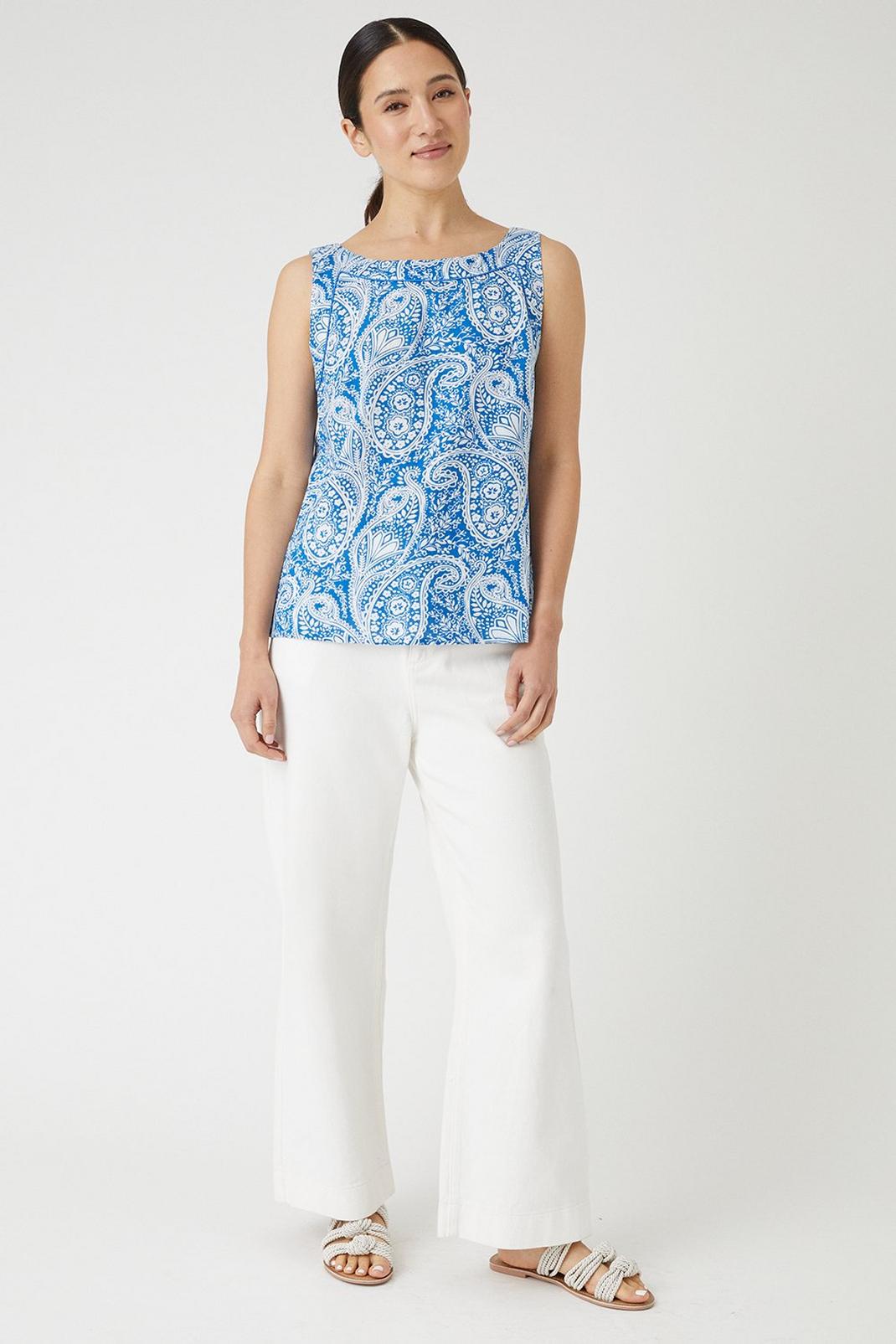Blue Paisley Print Linen Look Shell Top image number 1