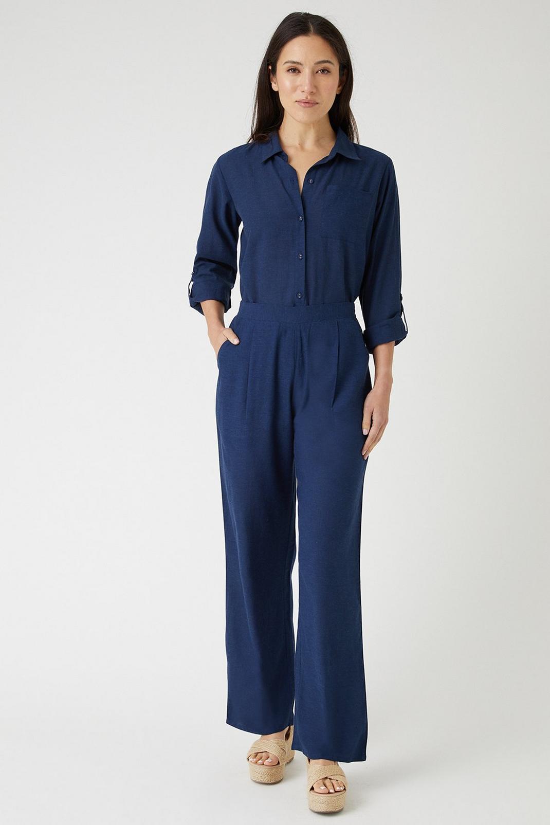 Navy Linen Look Wide Leg Trousers image number 1