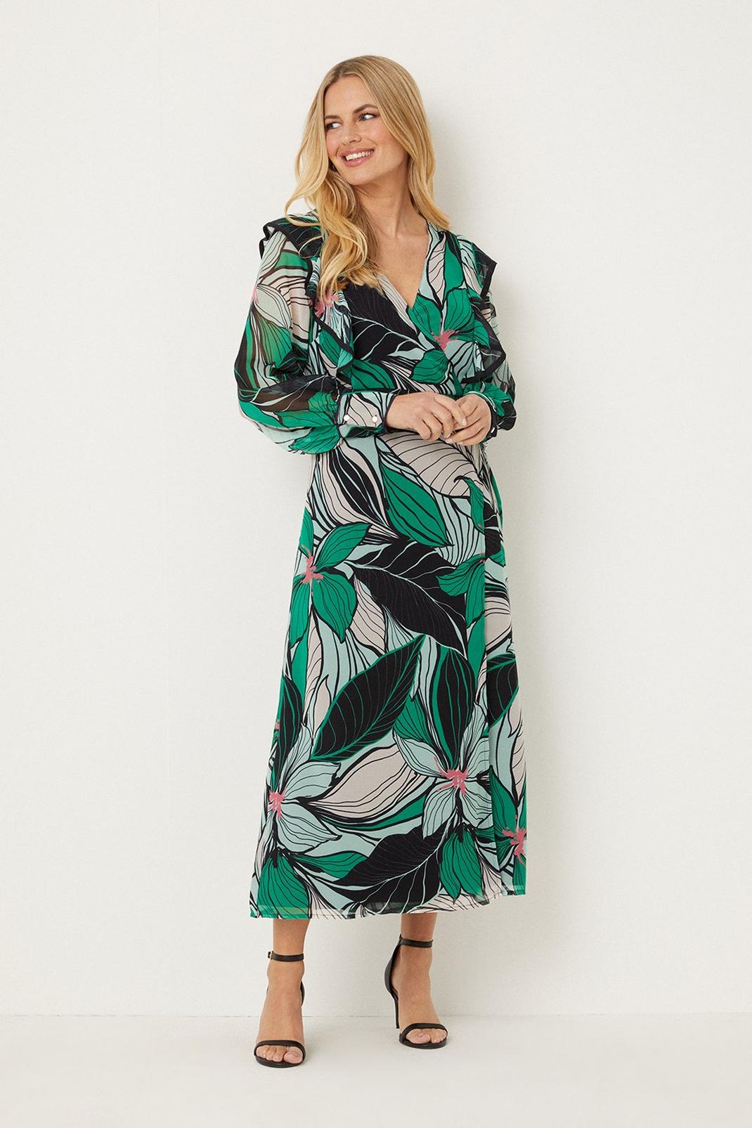 Petite Green Floral Ruffle Front Wrap Midi Dress image number 1