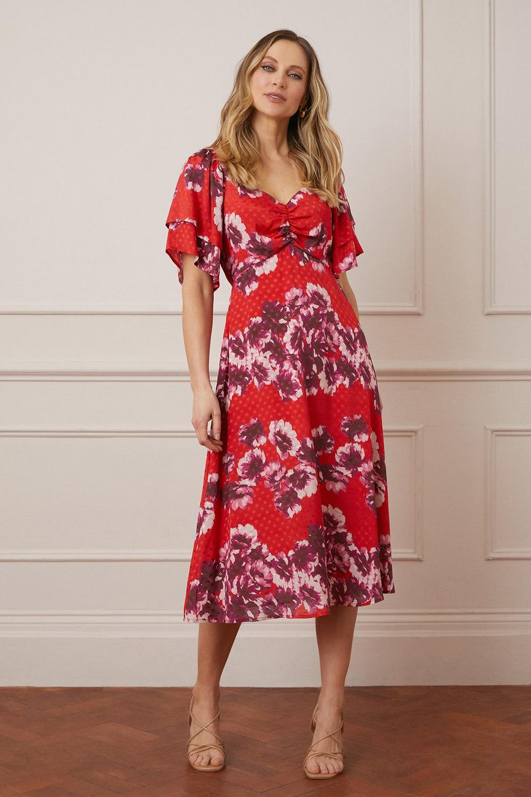 Red Jacquard Spot Floral Ruffle Sleeve Midi Dress image number 1