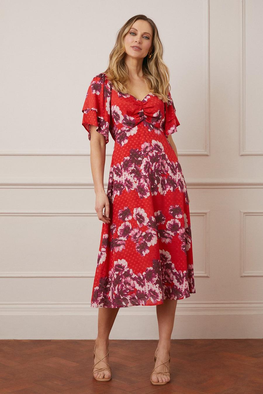 Jacquard Spot Floral Ruffle Sleeve Midi Dress