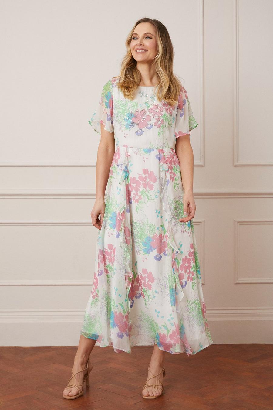 Embellished Floral Ruffle Maxi Dress