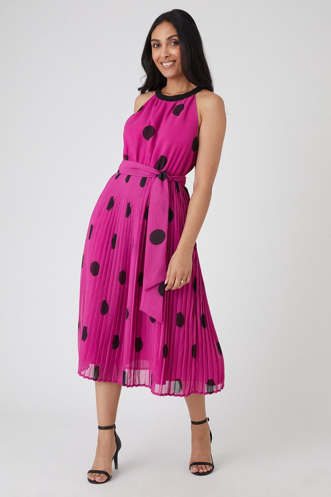Blush Petite Spot Beaded Neckline Pleated Midi Dress image number 1