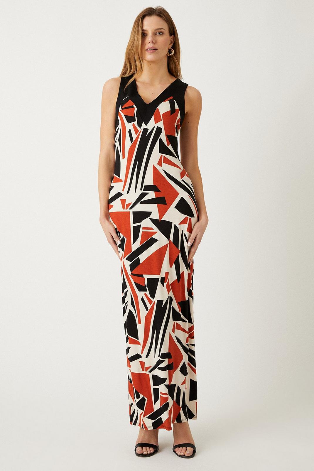 Brown Multi Abstract Jersey Maxi Dress image number 1