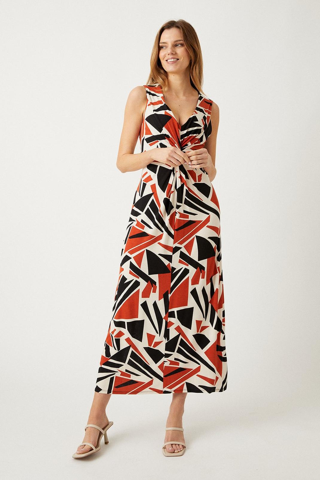 Brown Multi Abstract Jersey Midi Dress image number 1