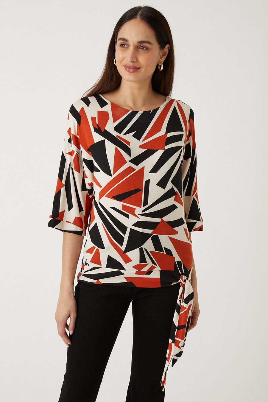Multi Abstract Tie Front Jersey Top