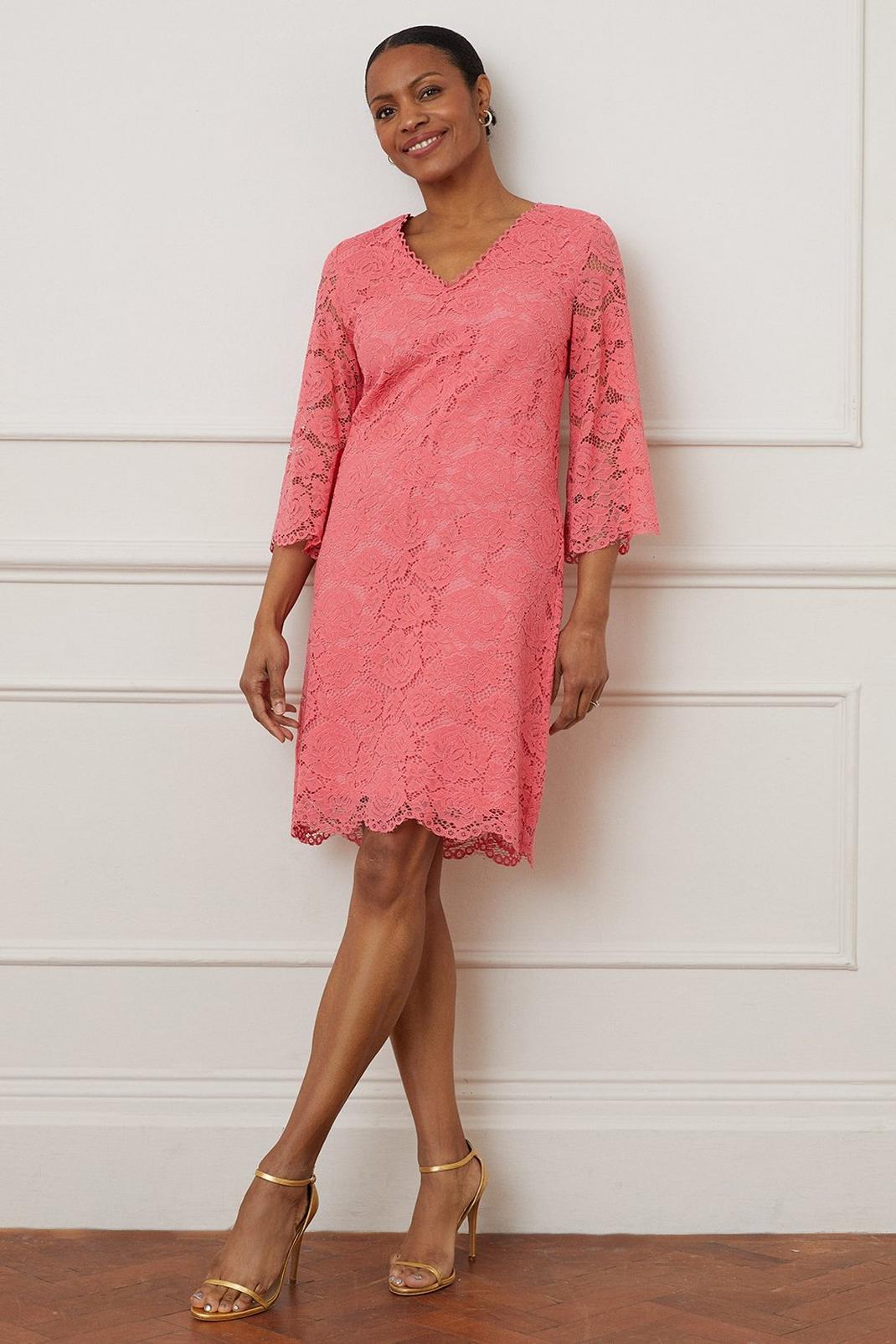 Coral Lace 3/4 Sleeve Shift Dress image number 1