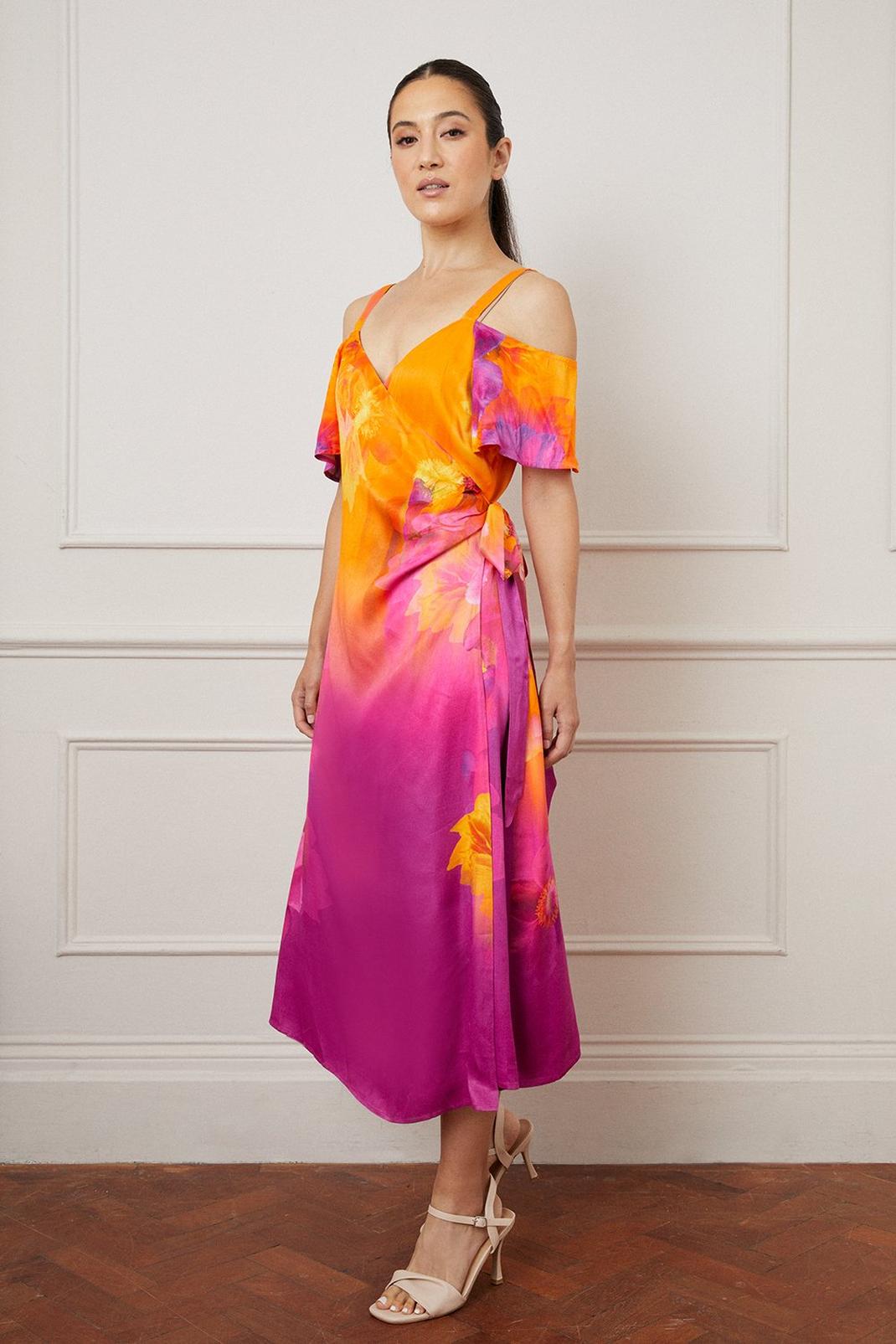 Purple Viscose Satin Floral Ombre Midaxi Dress image number 1
