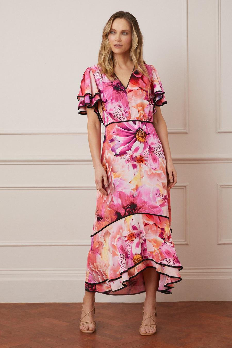 Digital Floral Contrast Binding Midi Dress