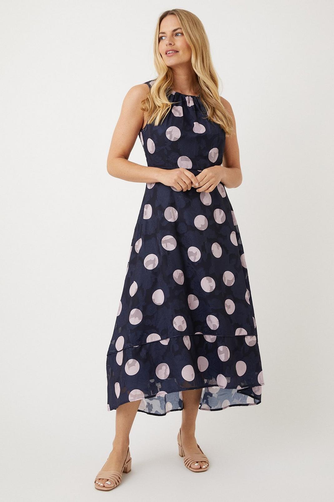Petite Blush And Navy Spot Jacquard Midi Dress image number 1