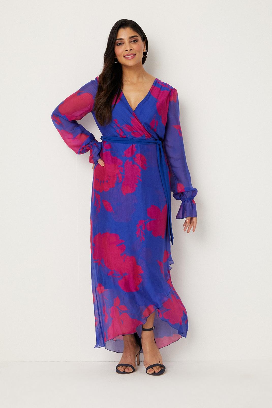 Blue Petite Silk Mix Pink Floral Wrap Dress image number 1