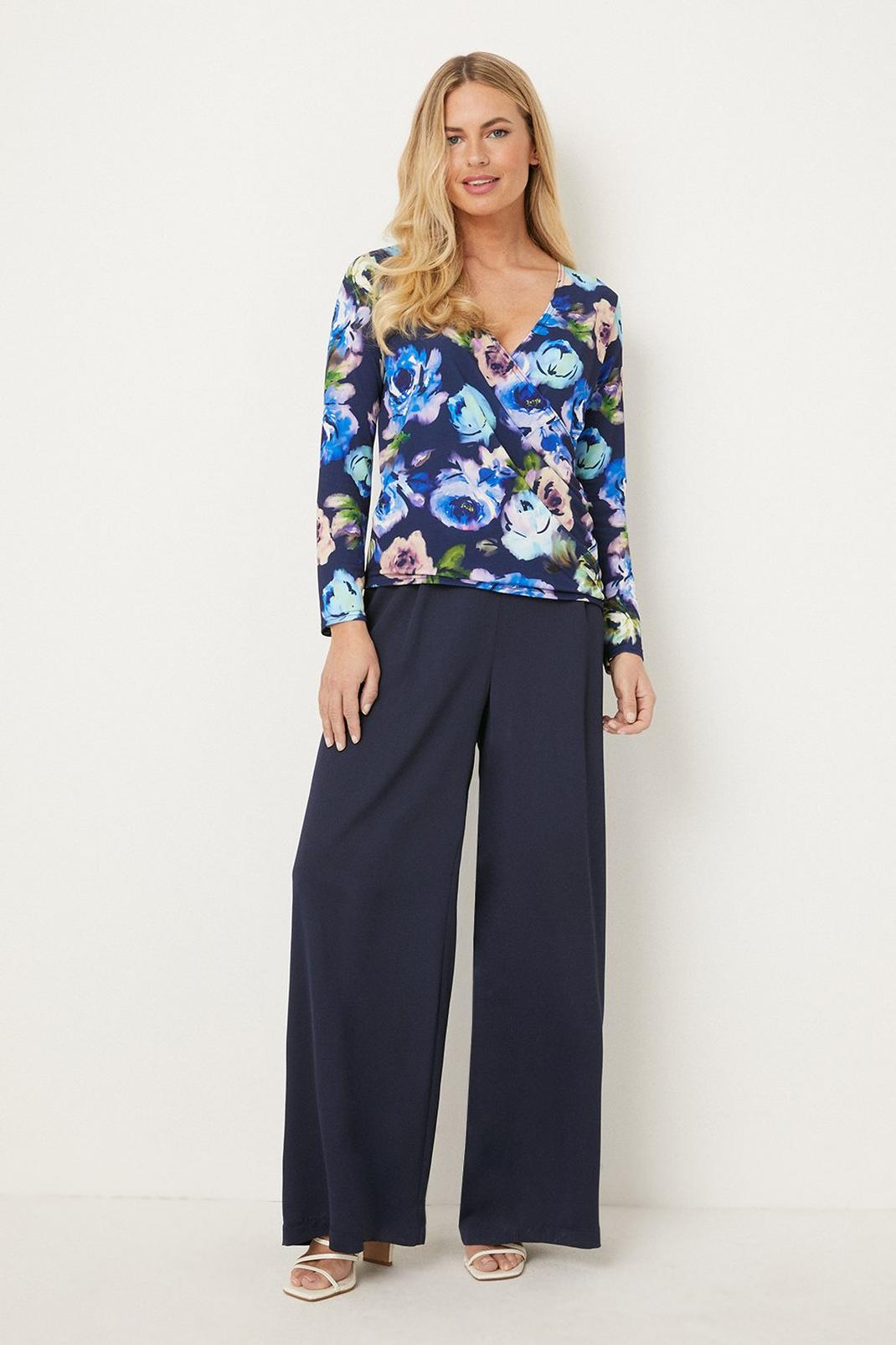 Navy Petite Ity Blue Floral Wrap Top image number 1