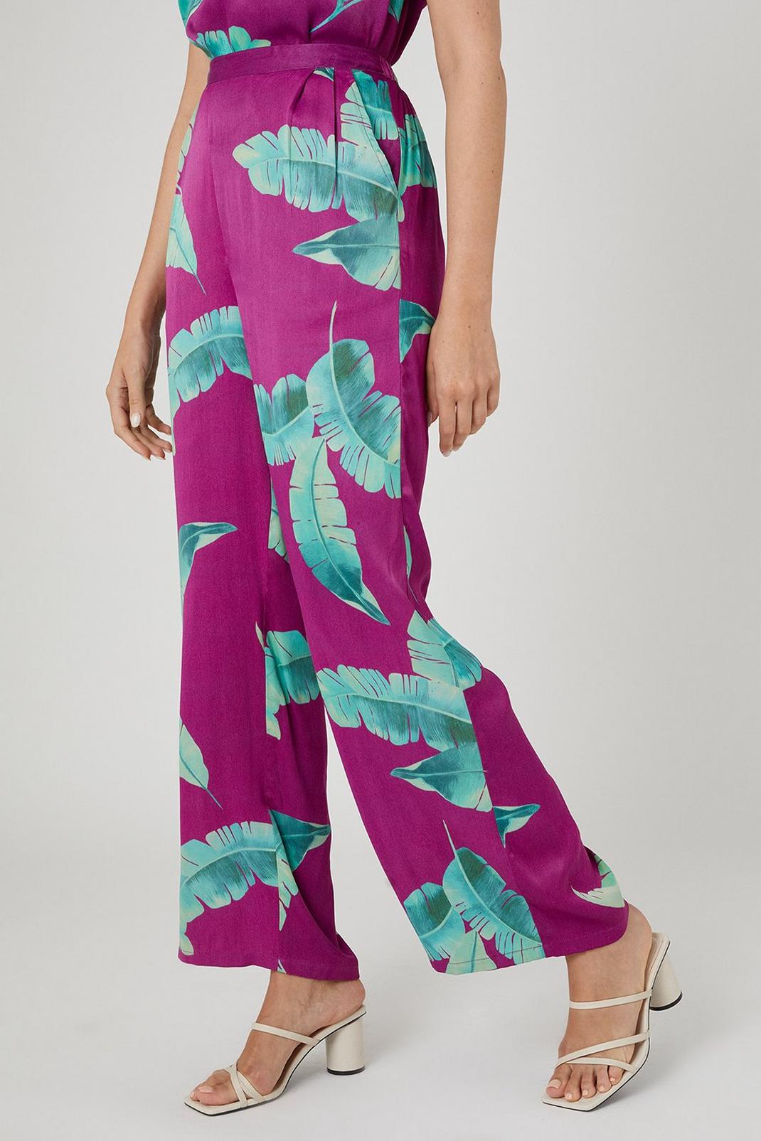 Purple Feather Print Satin Wide Leg Trousers image number 1