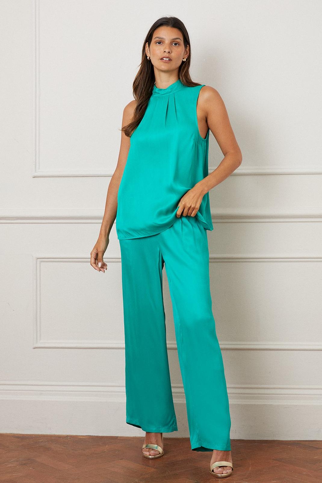 Green Satin Wide Leg Trousers image number 1