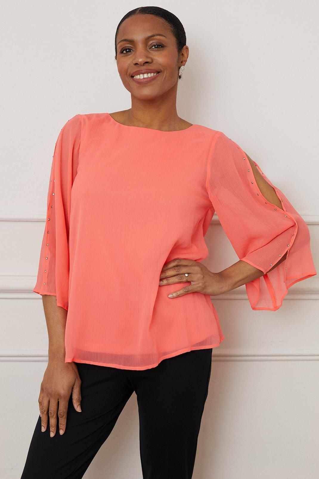 Coral Hot Fix Split Sleeve Overlay Top image number 1