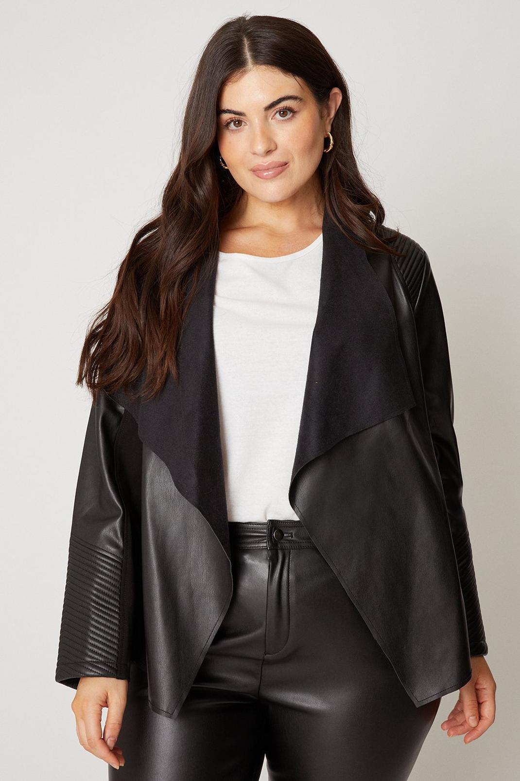 Curve Black Faux Leather Waterfall Jacket image number 1