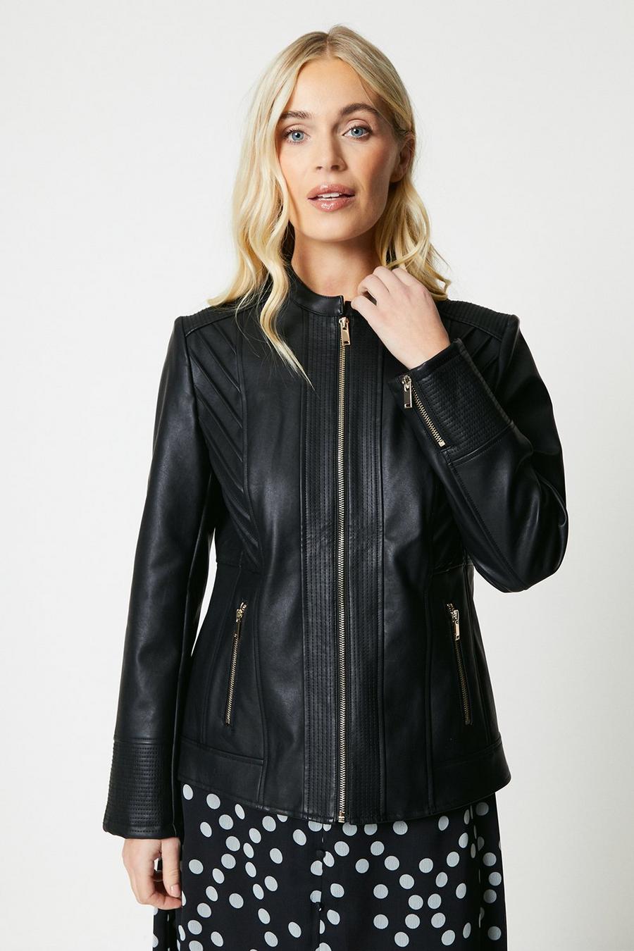 Petite Black Faux Leather Seam Detail Jacket