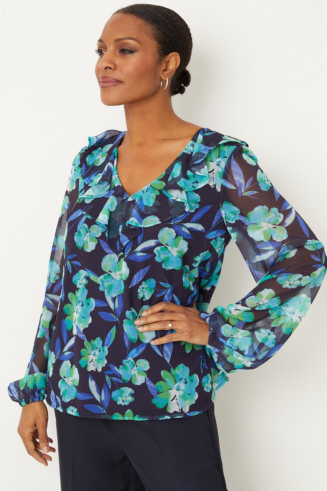 Green Tall Floral Ruffle Front Blouse image number 1