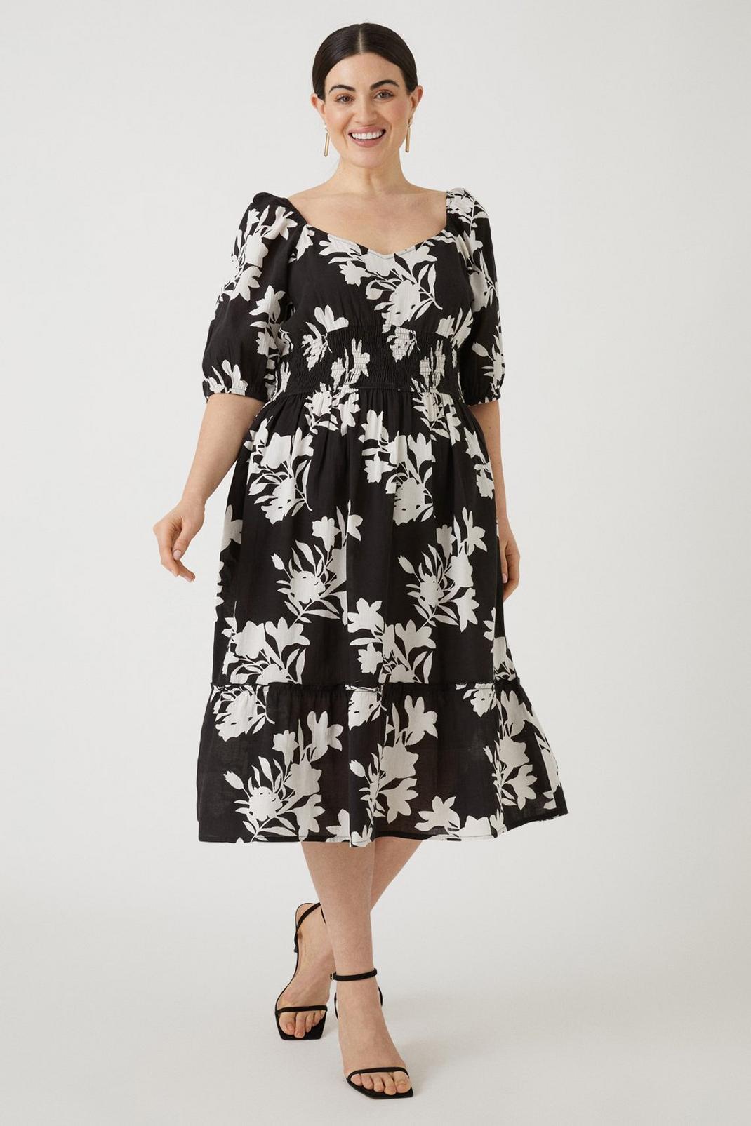 Black Curve Floral Linen Look Midi Dress  image number 1
