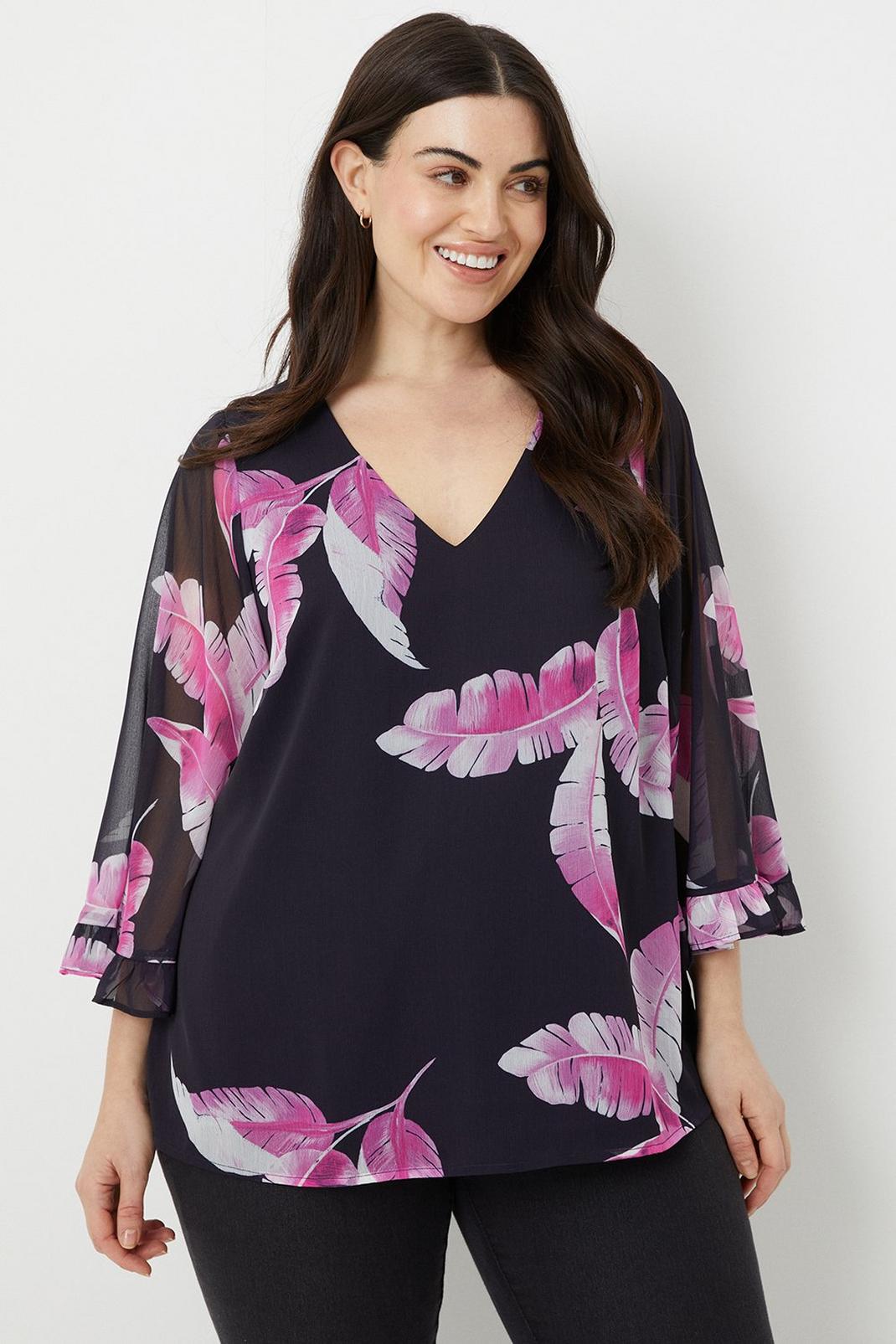 Pink Curve Palm Print Chiffon Top image number 1