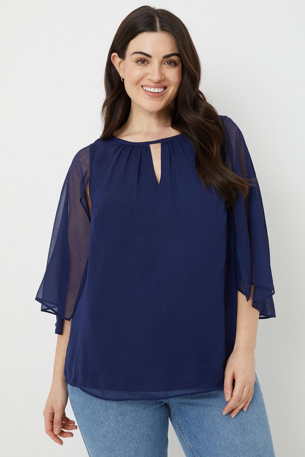 Curve Navy Cape Sleeve Chiffon Top image number 1