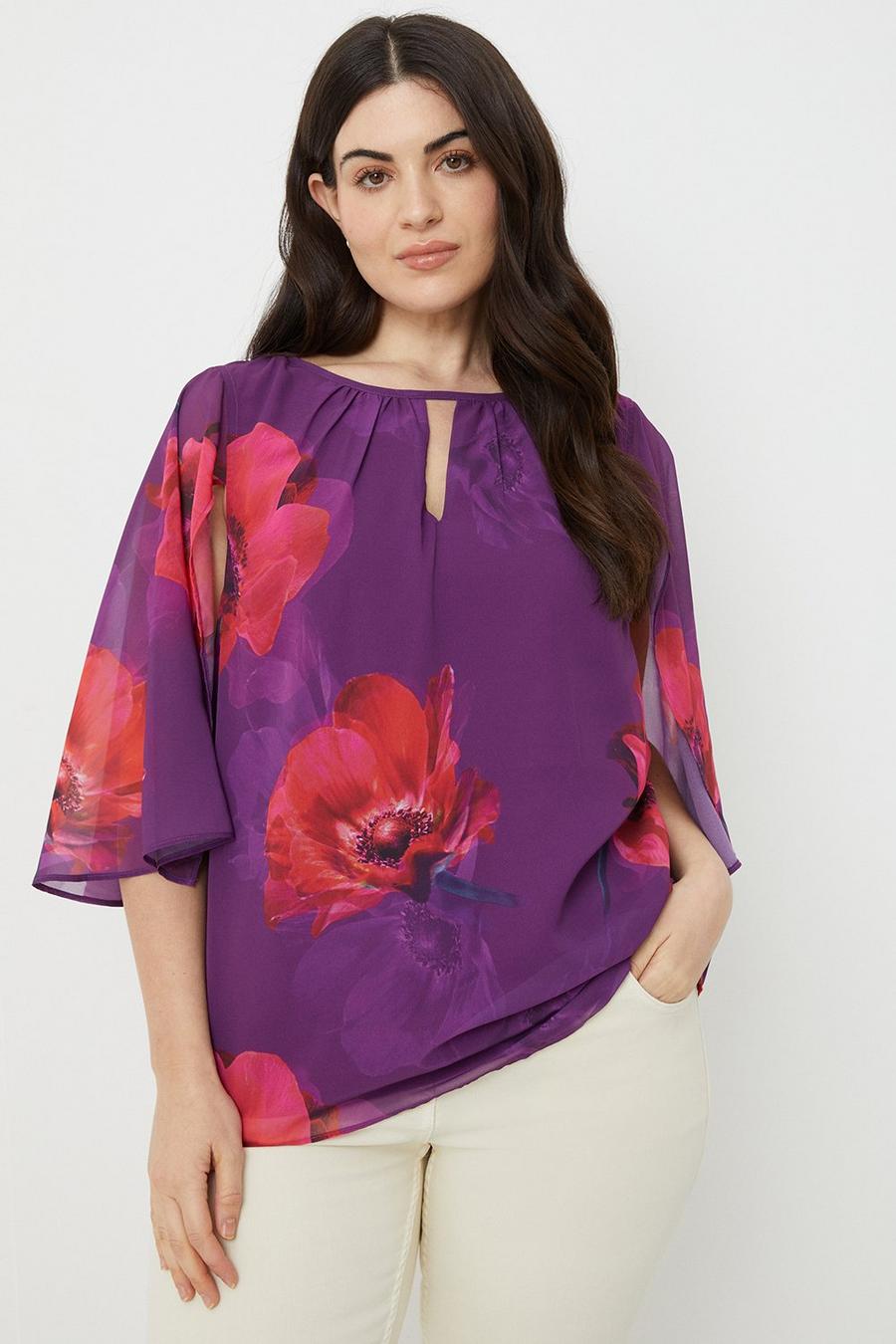 Curve Pink Floral Cape Sleeve Chiffon Top