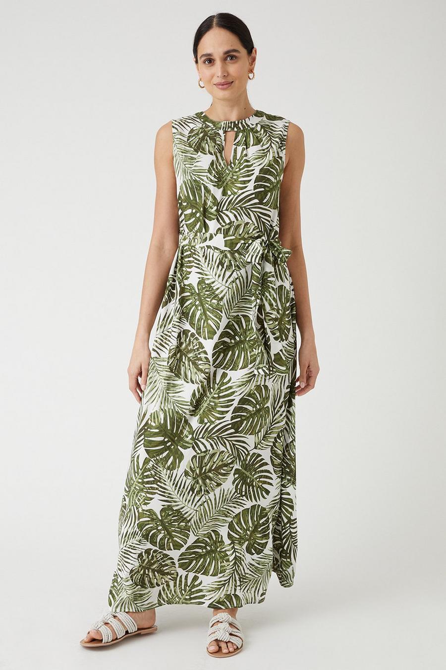 Green Leaf Print Sleeveless Maxi Dress