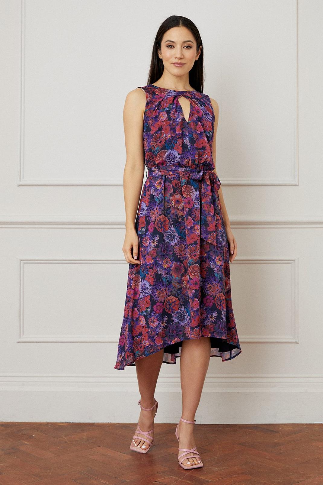 Red Printed Sleeveless Belted Highlow Midi Dress image number 1