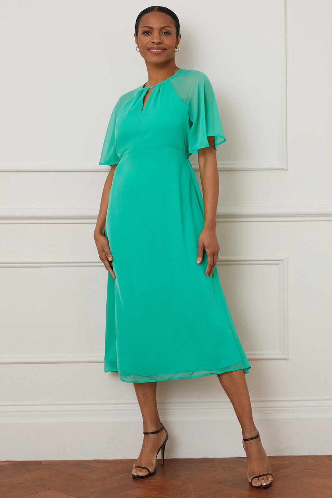 Green Angel Sleeve Split Front Midi Dress image number 1