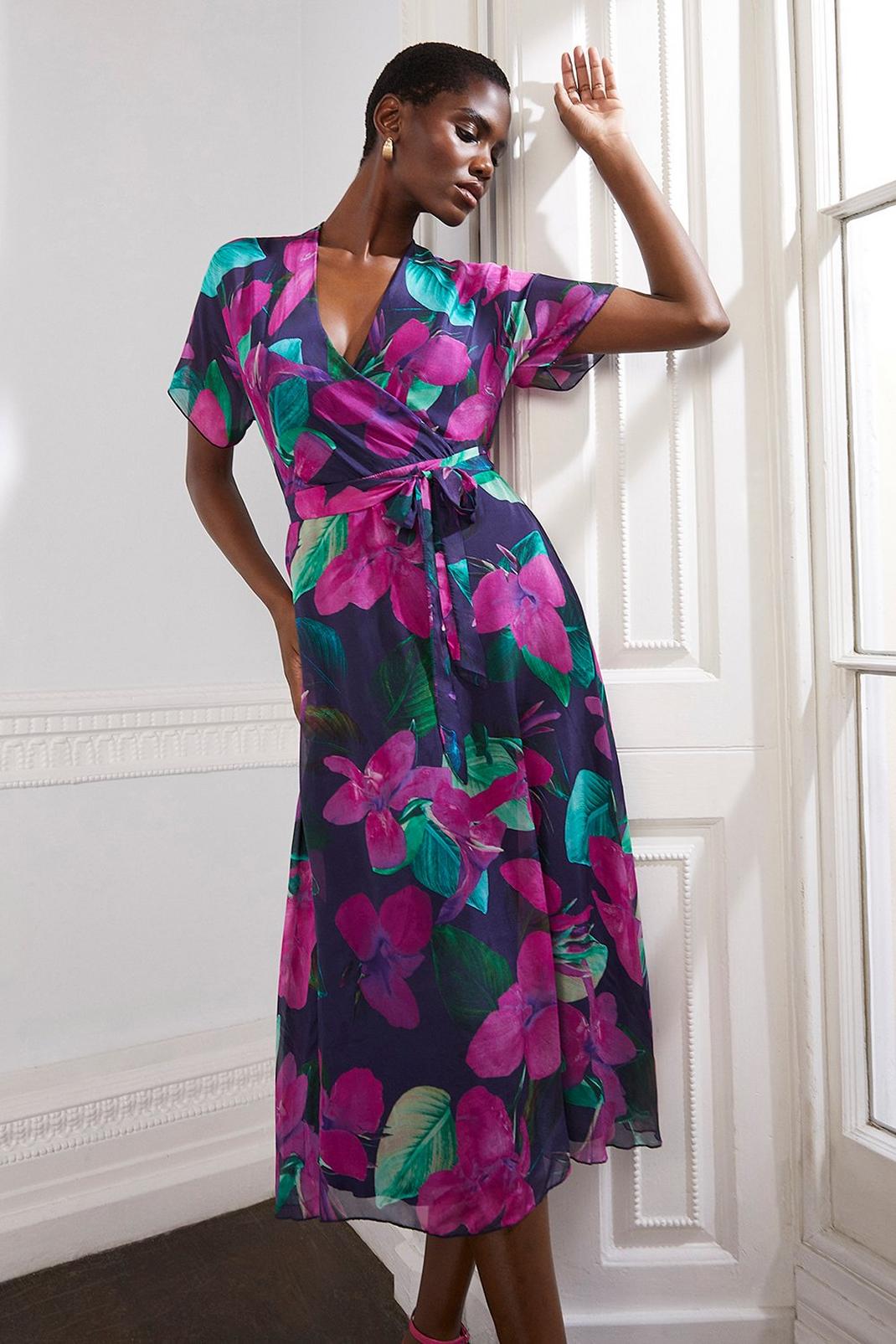 Purple Floral Silk Mix Wrap Midi Dress image number 1