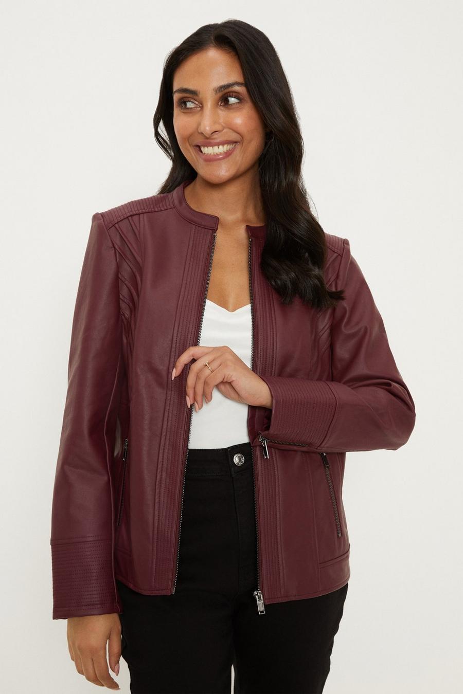 Petite Berry Faux Leather Seam Detail Jacket