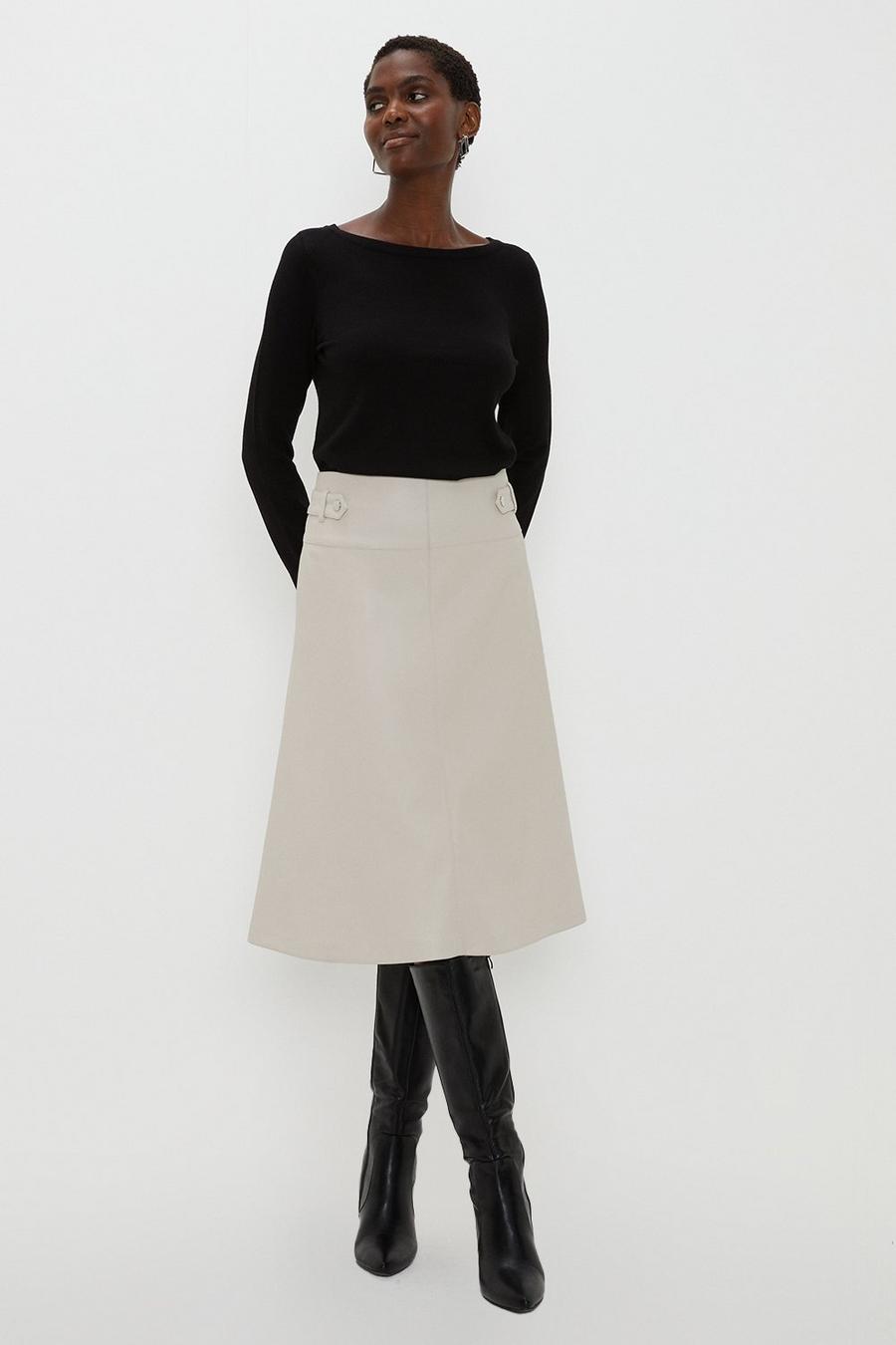 Ivory Tab Detail Faux Leather A Line Skirt